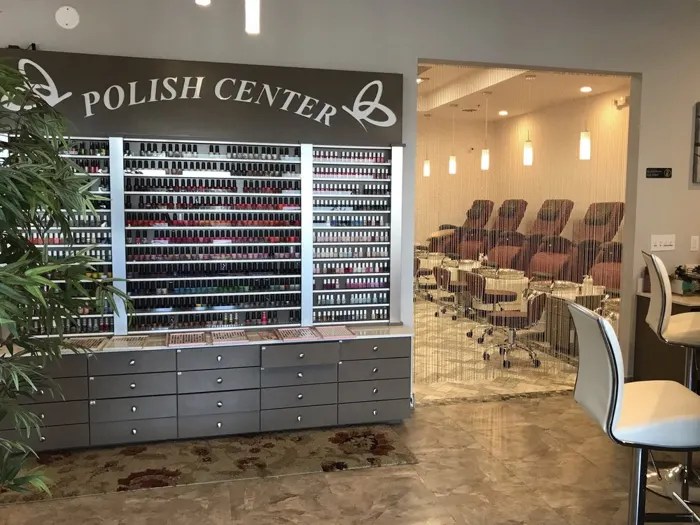 The polish center at our salon, with hundreds of colors to choose from